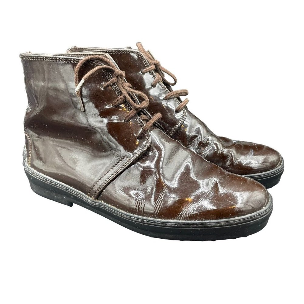 TOD'S Ankle Boots Brown Womens 37.5 US 7.5 Patent  Leather Lace Brown High Tops